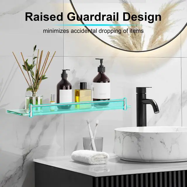 Alt view image 5 of 6 - 20 Inches Glass Shelves for Bathroom, Brushed Nickel Floating Glass Shelf Stainless Steel Tempered Glass Bathroom Shelves for Wall Mount Modern