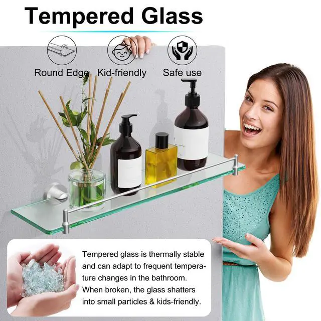 Alt view image 6 of 6 - 20 Inches Glass Shelves for Bathroom, Brushed Nickel Floating Glass Shelf Stainless Steel Tempered Glass Bathroom Shelves for Wall Mount Modern