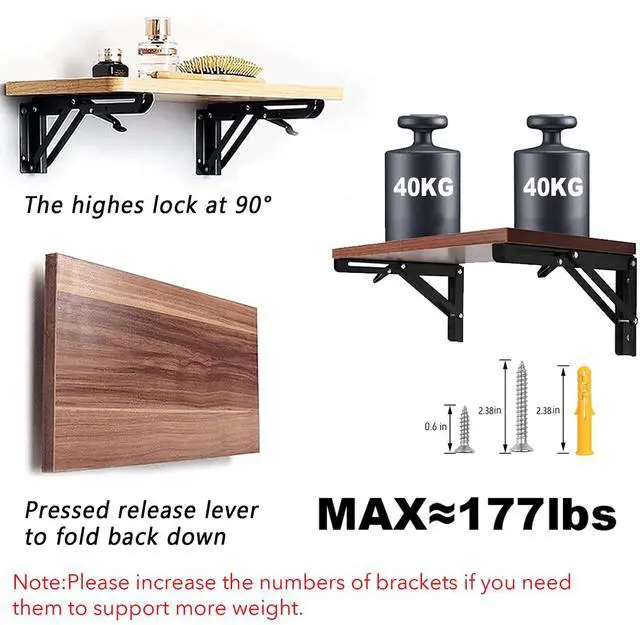 Alt view image 4 of 7 - Folding Shelf Brackets - 16 Inch 2 Pcs Heavy Duty Stainless Steel Collapsible Triangle Shelf Bracket, DIY Wall Mounted Folding Table Hinge, Space Saving for Bench Table with Screws