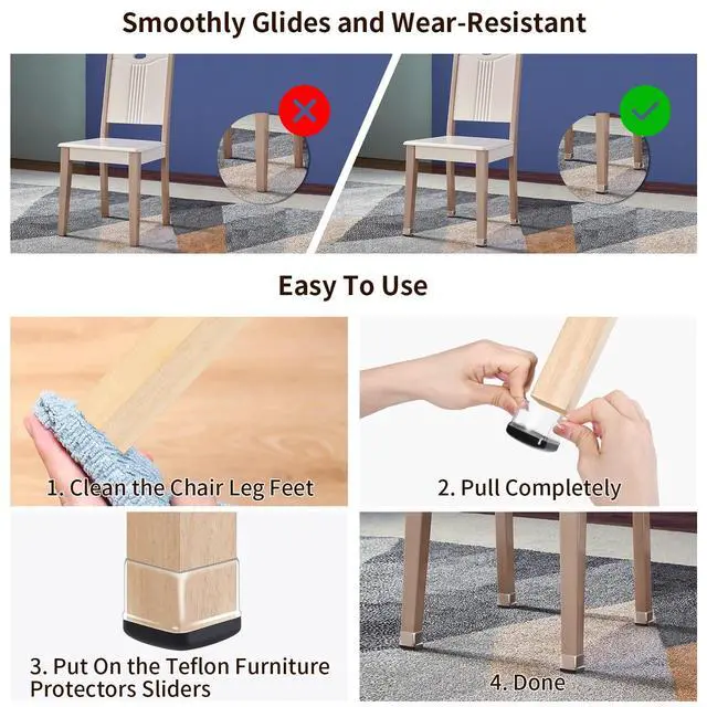 Alt view image 6 of 7 - Chair Leg Sliders for Carpet, 24 Pcs Square Chair Glides for Carpet, Carpet Furniture Pads Stool Leg Protectors Caps, Carpet Furniture Glides Quickly and Easily (L Fit:1" - 1.4")