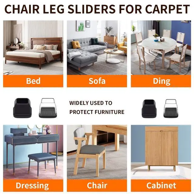 Alt view image 7 of 7 - Chair Leg Sliders for Carpet, 24 Pcs Square Chair Glides for Carpet, Carpet Furniture Pads Stool Leg Protectors Caps, Carpet Furniture Glides Quickly and Easily (L Fit:1" - 1.4")