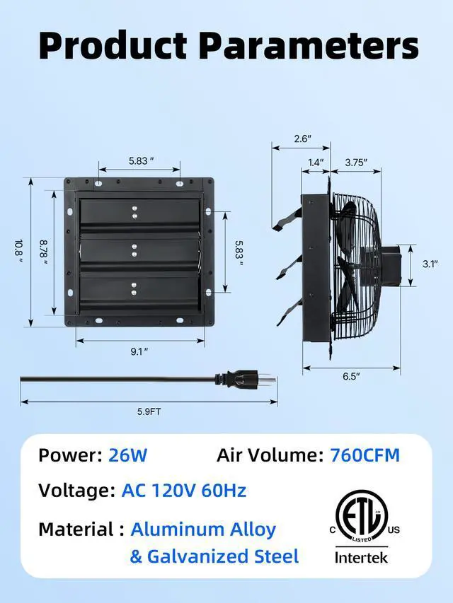 Alt view image 7 of 7 - 8 Inch Shutter Exhaust Fan for Chicken Coop 760 CFM, Plug & Play | Wall Mounted Exhaust Fan, 40dB Quiet Cooling Attic Fan for Shed, Garage, Greenhouse, Basement, Chicken Coop, Generator Room