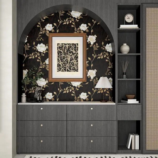 Alt view image 3 of 7 - Vintage Dark Black Golden Floral Wallpaper Peel and Stick 17.5"x393" | Self Adhesive/Removable/Waterproof/Thick Vinyl Contact Paper for Bathroom Bedroom Shelf Cabinet Drawer,Prepasted,Easy Peel