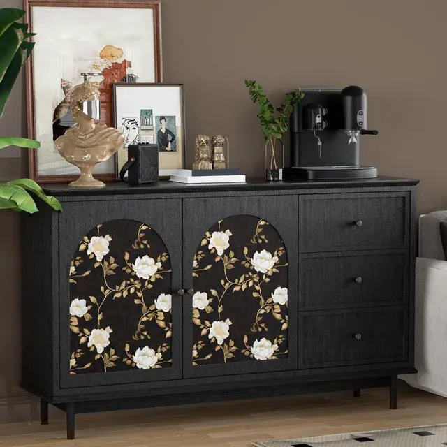 Alt view image 4 of 7 - Vintage Dark Black Golden Floral Wallpaper Peel and Stick 17.5"x393" | Self Adhesive/Removable/Waterproof/Thick Vinyl Contact Paper for Bathroom Bedroom Shelf Cabinet Drawer,Prepasted,Easy Peel