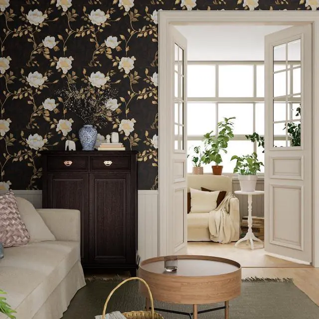 Alt view image 2 of 7 - Vintage Dark Black Golden Floral Wallpaper Peel and Stick 17.5"x393" | Self Adhesive/Removable/Waterproof/Thick Vinyl Contact Paper for Bathroom Bedroom Shelf Cabinet Drawer,Prepasted,Easy Peel
