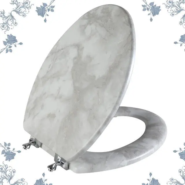 Main image of Elongated Marble Toilet Seat with Zinc Alloy Hinges, Easy to Install and Clean, Anti-pinch (Gray)