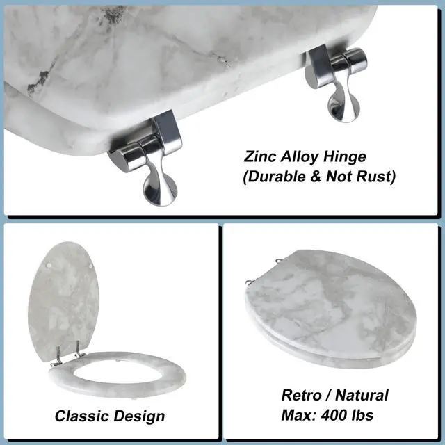 Alt view image 2 of 7 - Elongated Marble Toilet Seat with Zinc Alloy Hinges, Easy to Install and Clean, Anti-pinch (Gray)