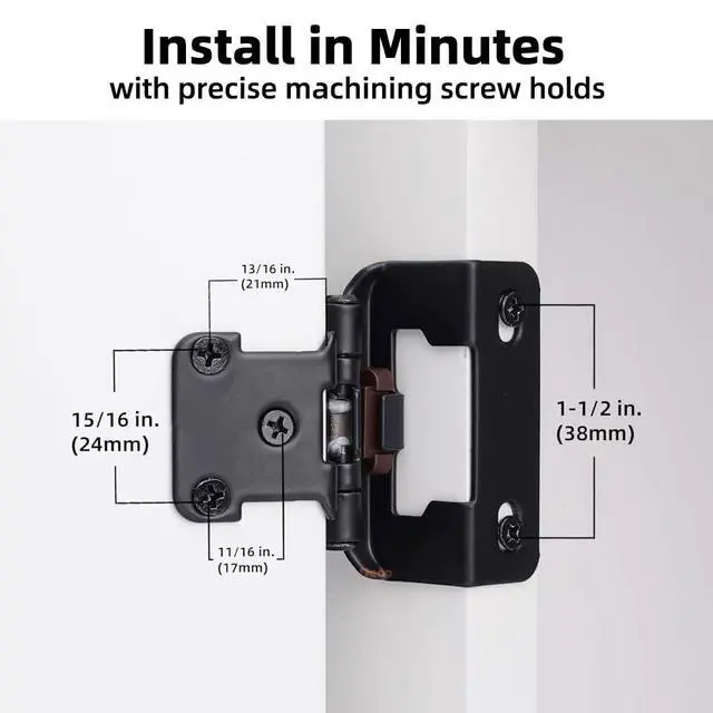 Alt view image 3 of 7 - 50 Pack 1/2" Overlay Black Cabinet Hinges for Cabint Doors (25 Pairs) Self-Closing Partial Wrap Semi-Concealed Face Frame Hinge for Cupboard & Kitchen Doors w/Screws & Quiet Bumpers