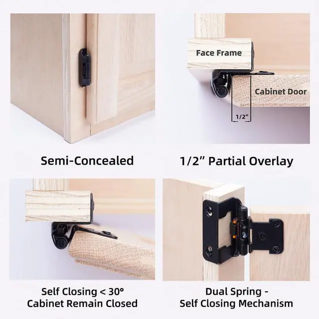 Alt view image 5 of 7 - 50 Pack 1/2" Overlay Black Cabinet Hinges for Cabint Doors (25 Pairs) Self-Closing Partial Wrap Semi-Concealed Face Frame Hinge for Cupboard & Kitchen Doors w/Screws & Quiet Bumpers