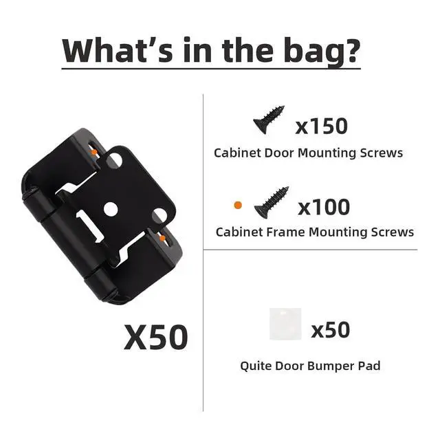 Alt view image 6 of 7 - 50 Pack 1/2" Overlay Black Cabinet Hinges for Cabint Doors (25 Pairs) Self-Closing Partial Wrap Semi-Concealed Face Frame Hinge for Cupboard & Kitchen Doors w/Screws & Quiet Bumpers
