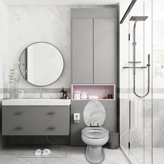 Alt view image 7 of 7 - Elongated Marble Toilet Seat with Zinc Alloy Hinges, Easy to Install and Clean, Anti-pinch (Gray)