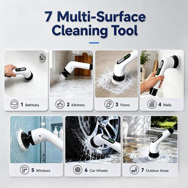 Alt view image 7 of 7 - Electric Spin Scrubber for Bathroom | IPX7 Waterproof Shower Scrubber with Extendable Long HandleBathroom Cleaning Scrubber with 7 Reusable Brush Heads