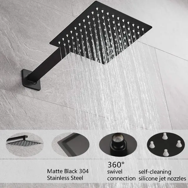 Alt view image 4 of 7 - Matte Black Shower Faucet Set, Single Function Shower Trim Kit with Rough-in Valve, Square Rain Shower Head System Included Extra Long Shower Arm for Bathroom