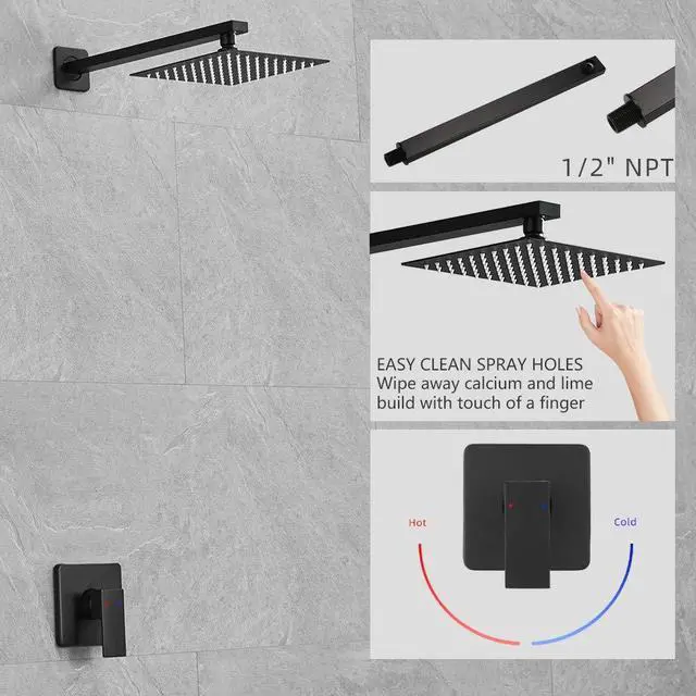 Alt view image 2 of 7 - Matte Black Shower Faucet Set, Single Function Shower Trim Kit with Rough-in Valve, Square Rain Shower Head System Included Extra Long Shower Arm for Bathroom