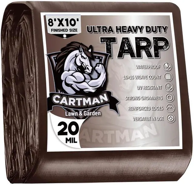 Main image of 8x10Ft Industrial Waterproof Poly Tarp Cover 20 Mil, Brown | Ultra-thick rugged tarp; built for industrial equipment, farm storage and prolonged all-weather outdoor coverage