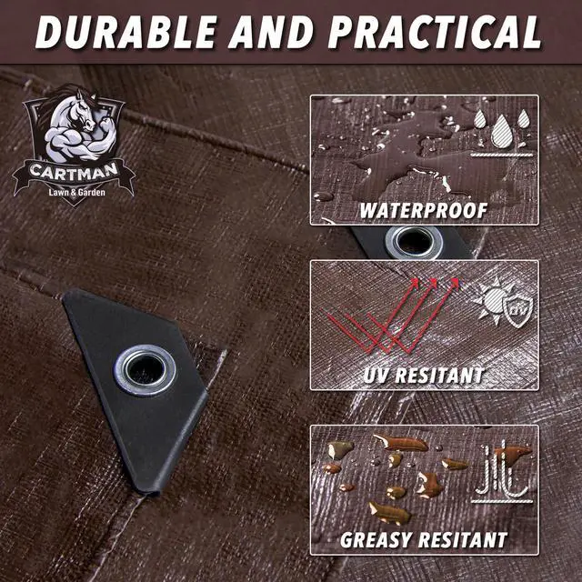 Alt view image 2 of 7 - 8x10Ft Industrial Waterproof Poly Tarp Cover 20 Mil, Brown | Ultra-thick rugged tarp; built for industrial equipment, farm storage and prolonged all-weather outdoor coverage