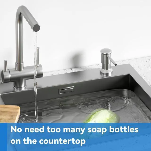 Alt view image 6 of 7 - Dish Soap Dispenser, Kitchen Sink Soap Dispenser Pump with 17 OZ Bottle, Refill from The Top, Wide Pump Head Base (Brushed Nickel)