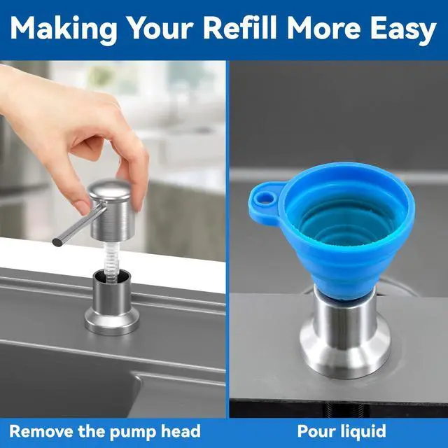 Alt view image 7 of 7 - Dish Soap Dispenser, Kitchen Sink Soap Dispenser Pump with 17 OZ Bottle, Refill from The Top, Wide Pump Head Base (Brushed Nickel)