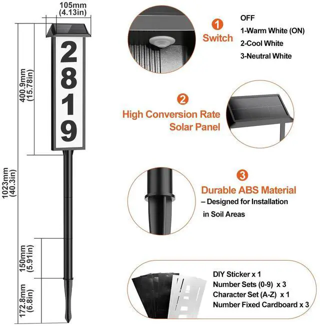 Alt view image 2 of 7 - Solar Address Sign, House Number for Outside Waterproof, 3-Color LED Illuminated Address Plaque with Stake, Solar Powered Light Up Address Numbers for Houses Yard, 1-Pack