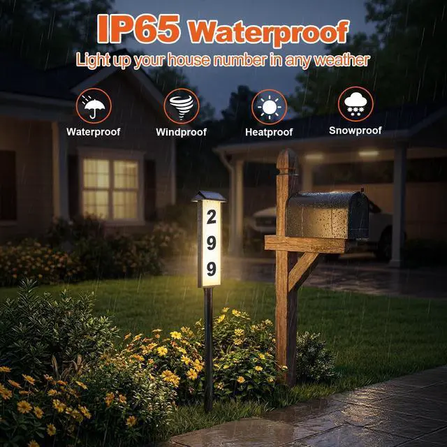 Alt view image 3 of 7 - Solar Address Sign, House Number for Outside Waterproof, 3-Color LED Illuminated Address Plaque with Stake, Solar Powered Light Up Address Numbers for Houses Yard, 1-Pack