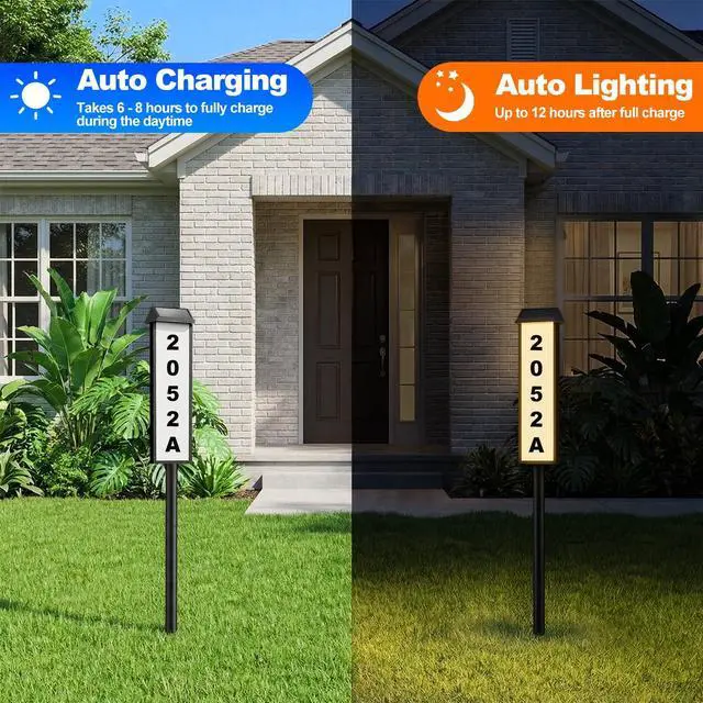 Alt view image 5 of 7 - Solar Address Sign, House Number for Outside Waterproof, 3-Color LED Illuminated Address Plaque with Stake, Solar Powered Light Up Address Numbers for Houses Yard, 1-Pack