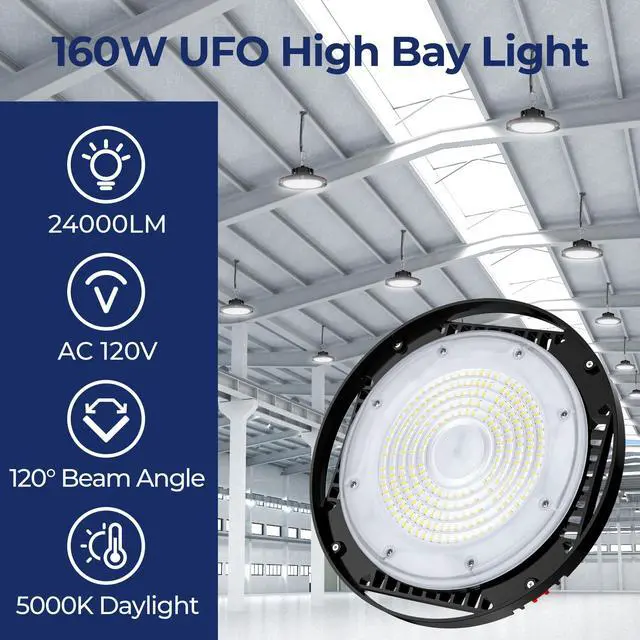 Alt view image 2 of 7 - 160W UFO LED High Bay Light, Aluminum LED Shop Lights with 24000LM, 5000K Commercial Bay Lighting for Warehouse Garage Workshop Factory, 6' Cable & Safety Rope, ETL Listed 1 Pack