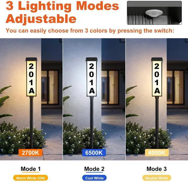 Alt view image 6 of 7 - Solar Address Sign, House Number for Outside Waterproof, 3-Color LED Illuminated Address Plaque with Stake, Solar Powered Light Up Address Numbers for Houses Yard, 1-Pack