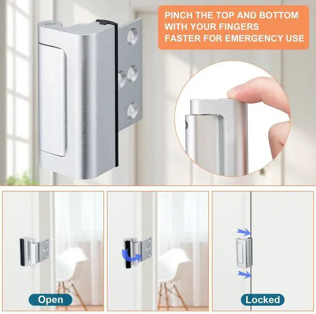 Alt view image 4 of 6 - 2 Pack Home Security Door Lock,with 3" Stop Withstand 800 lbs (Silver) | Childproof Door Reinforcement Lock,for Inward Swing Doors,Night Kids Safety Metal Flip Lock Deadbolt Latch