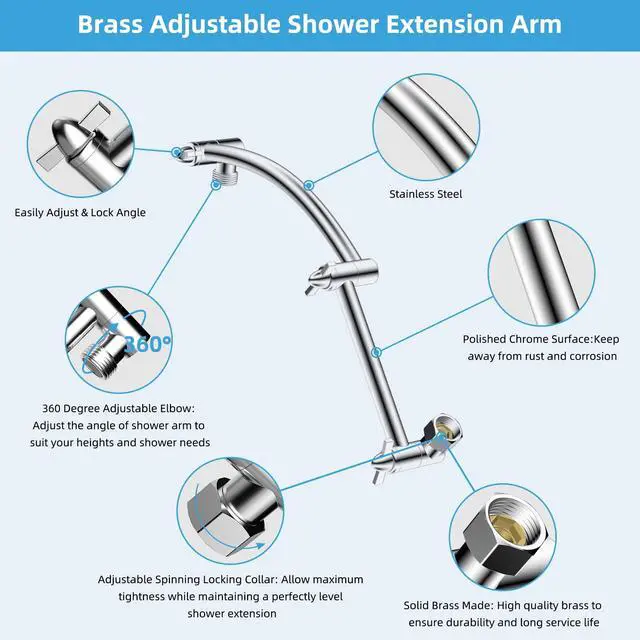 Alt view image 2 of 7 - All Metal 16'' Shower Head Extension Arm, Chrome | Solid Brass Adjustable Shower Arm with Lock Joint, Flexible Height & Angle, Universal Connection Shower Head Extender