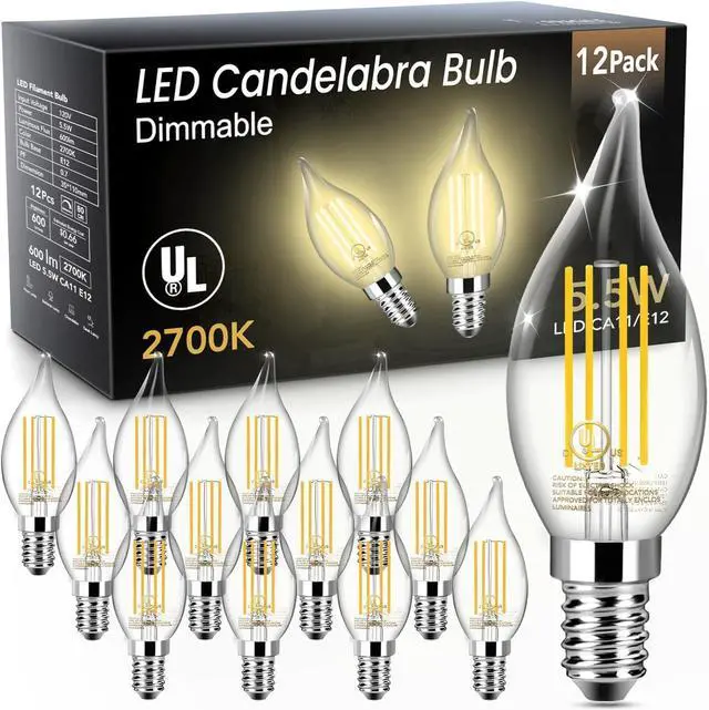 Main image of LED Candelabra Light Bulb, Chandelier E12 Light Bulb, 60W Equivalent | Warm White Candle Flame Tip 2700K, 5.5W 600LM, Dimmable, E12 Base, CA11, 80+ CRI, Clear Filament Bulb for Chandelier, 12 Pack