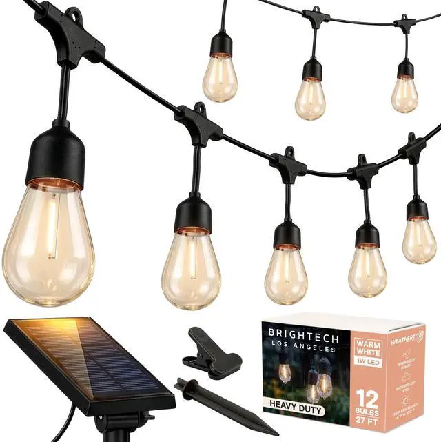 Main image of Ambience Pro 27 Ft Solar Powered Outdoor String Lights - Commercial Grade Waterproof Patio Lights with Edison Globes, Shatterproof LED String Lights for Patio - 2W, Warm White, 12 Bulbs