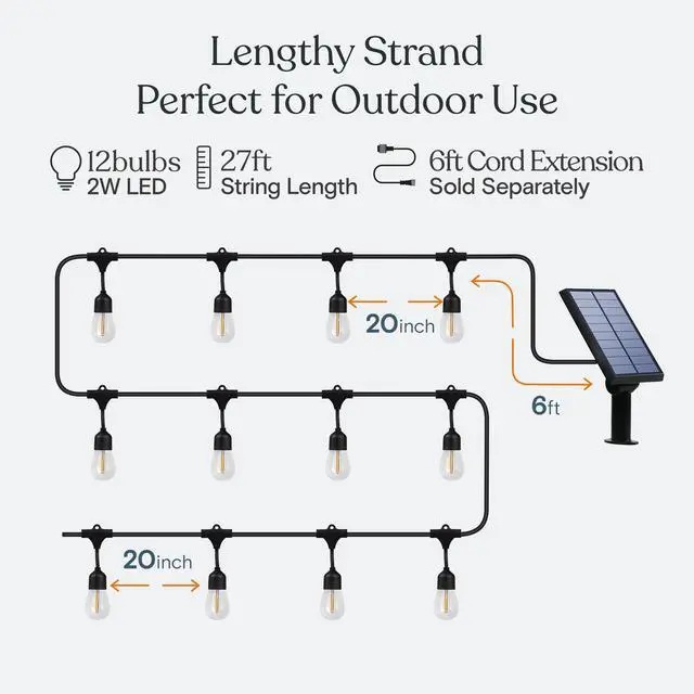 Alt view image 4 of 7 - Ambience Pro 27 Ft Solar Powered Outdoor String Lights - Commercial Grade Waterproof Patio Lights with Edison Globes, Shatterproof LED String Lights for Patio - 2W, Warm White, 12 Bulbs