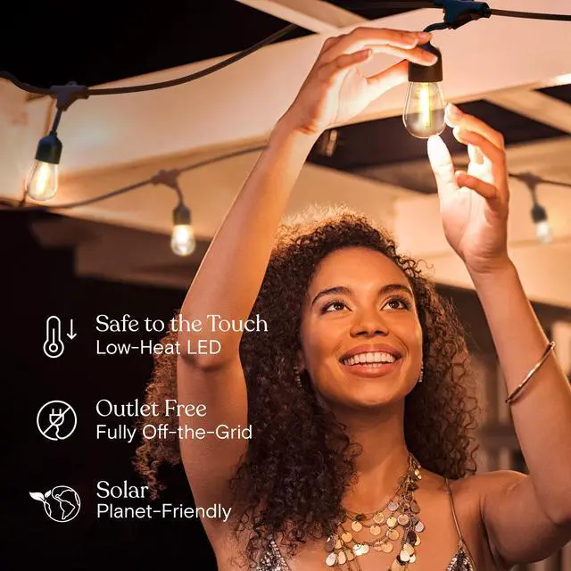 Alt view image 6 of 7 - Ambience Pro 27 Ft Solar Powered Outdoor String Lights - Commercial Grade Waterproof Patio Lights with Edison Globes, Shatterproof LED String Lights for Patio - 2W, Warm White, 12 Bulbs