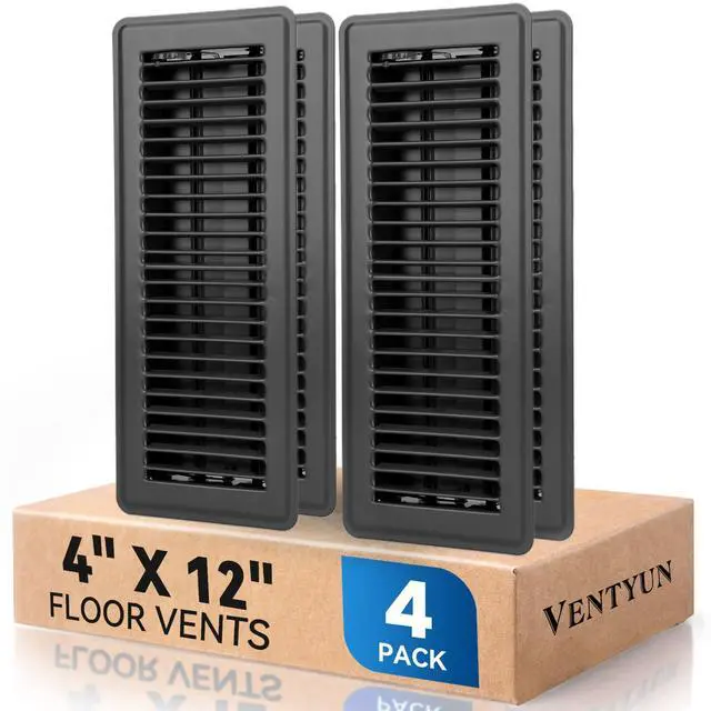 Main image of 4" x 12" Floor Register Vent Covers 4-Pack, Black | Walkable Powder-Coated Metal Vent Covers, Adjustable Airflow, Curved Safe Edges for Floor/Wall