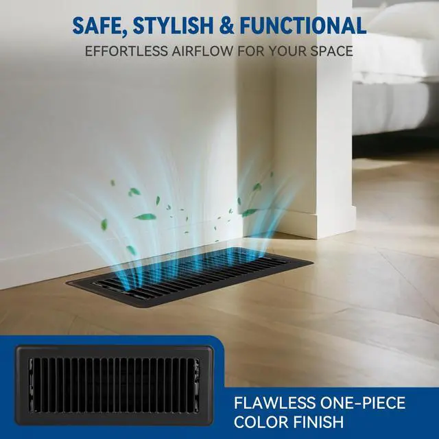 Alt view image 3 of 7 - 4" x 12" Floor Register Vent Covers 4-Pack, Black | Walkable Powder-Coated Metal Vent Covers, Adjustable Airflow, Curved Safe Edges for Floor/Wall