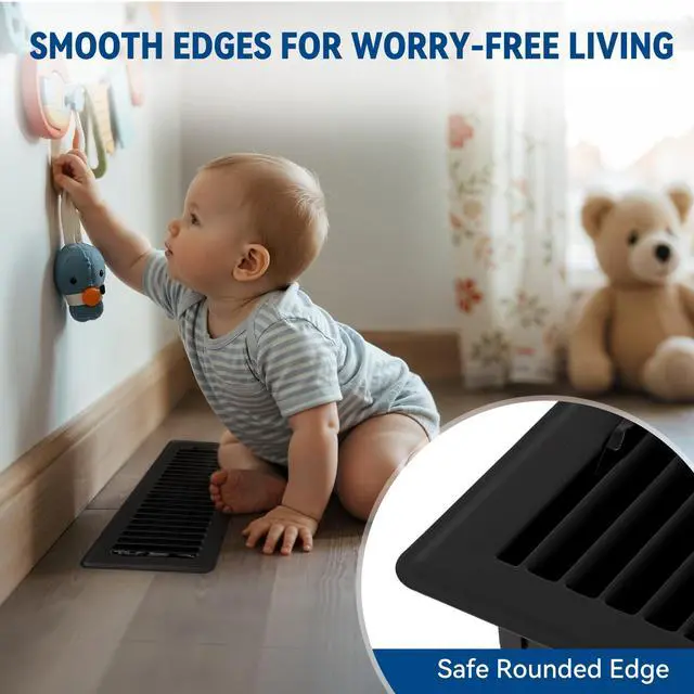 Alt view image 4 of 7 - 4" x 12" Floor Register Vent Covers 4-Pack, Black | Walkable Powder-Coated Metal Vent Covers, Adjustable Airflow, Curved Safe Edges for Floor/Wall