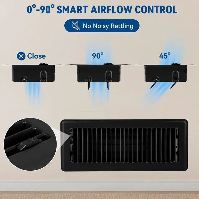 Alt view image 5 of 7 - 4" x 12" Floor Register Vent Covers 4-Pack, Black | Walkable Powder-Coated Metal Vent Covers, Adjustable Airflow, Curved Safe Edges for Floor/Wall