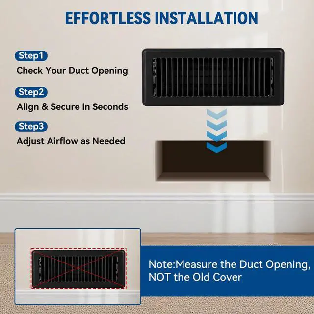 Alt view image 7 of 7 - 4" x 12" Floor Register Vent Covers 4-Pack, Black | Walkable Powder-Coated Metal Vent Covers, Adjustable Airflow, Curved Safe Edges for Floor/Wall