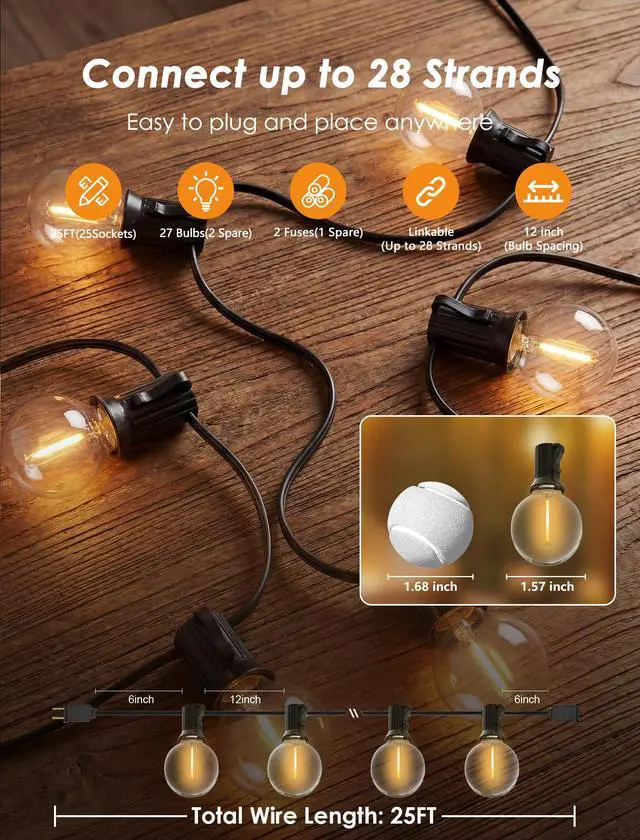 Alt view image 2 of 7 - 25FT G40 LED Globe Outdoor String Lights with 25 Plastic Shatterproof Bulbs | 2700K Warm White, IP65 Waterproof Hanging Connectable Globe Lights for Patio, Backyard, Bistro, Porch, Black Wire