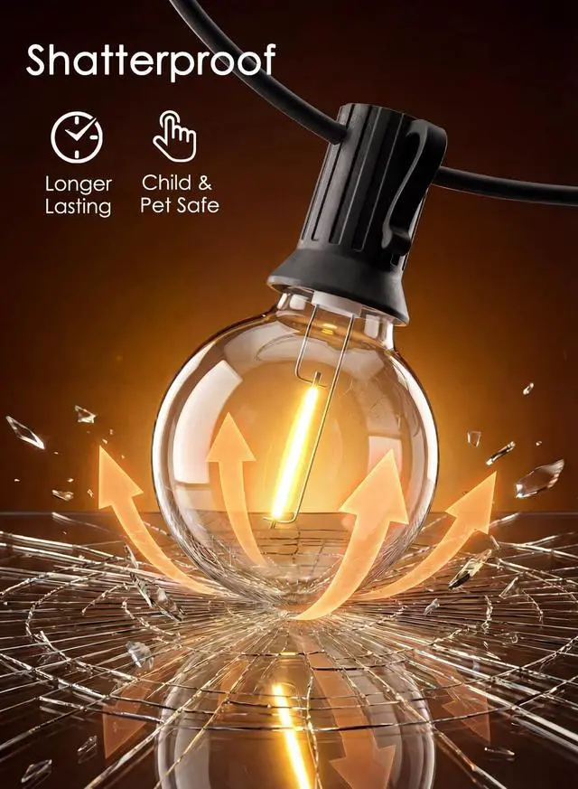 Alt view image 4 of 7 - 25FT G40 LED Globe Outdoor String Lights with 25 Plastic Shatterproof Bulbs | 2700K Warm White, IP65 Waterproof Hanging Connectable Globe Lights for Patio, Backyard, Bistro, Porch, Black Wire