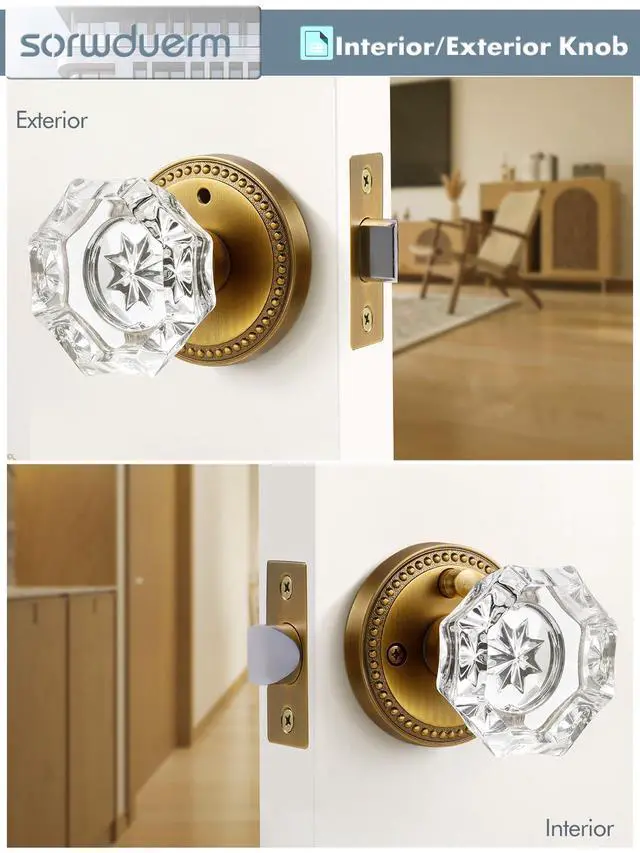 Alt view image 5 of 7 - Door Knob Antique Brass Privacy Crystal Glass Interior 1 Pack | Zinc Alloy Bathroom Bedroom