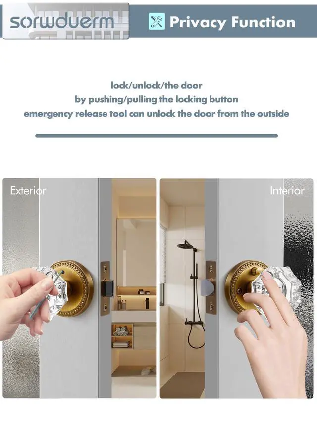 Alt view image 6 of 7 - Door Knob Antique Brass Privacy Crystal Glass Interior 1 Pack | Zinc Alloy Bathroom Bedroom