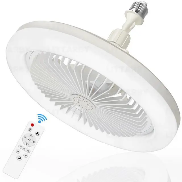 Main image of Socket Fan Light with Remote Control, 3 Colors 3000K-6500K Dimmable LED Light Bulb Fan Screw in Ceiling Fan for Bedroom, Kitchen, Storage Room, Closet, Wireless Small Ceiling Fans with Lights - White