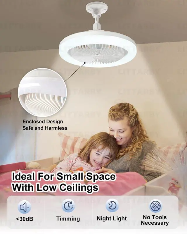 Alt view image 2 of 7 - Socket Fan Light with Remote Control, 3 Colors 3000K-6500K Dimmable LED Light Bulb Fan Screw in Ceiling Fan for Bedroom, Kitchen, Storage Room, Closet, Wireless Small Ceiling Fans with Lights - White