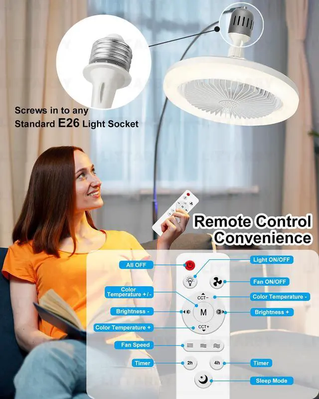 Alt view image 3 of 7 - Socket Fan Light with Remote Control, 3 Colors 3000K-6500K Dimmable LED Light Bulb Fan Screw in Ceiling Fan for Bedroom, Kitchen, Storage Room, Closet, Wireless Small Ceiling Fans with Lights - White