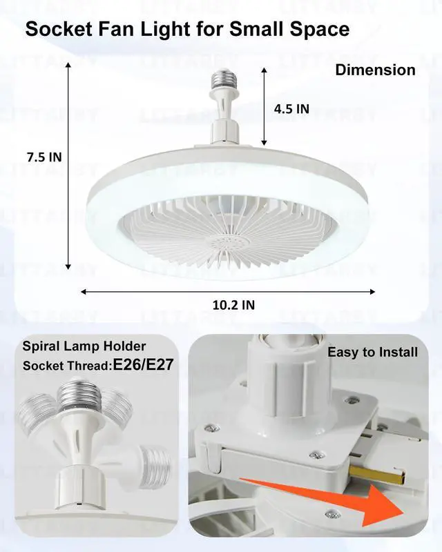 Alt view image 5 of 7 - Socket Fan Light with Remote Control, 3 Colors 3000K-6500K Dimmable LED Light Bulb Fan Screw in Ceiling Fan for Bedroom, Kitchen, Storage Room, Closet, Wireless Small Ceiling Fans with Lights - White