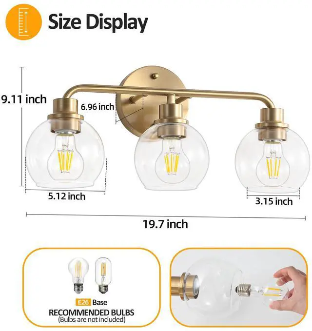 Alt view image 2 of 7 - Bathroom Light Fixtures Gold Vanity Light 3 Light Brushed Brass | Wall Sconces Lighting with Clear Globe Glass Shades Bath Wall Lamp for Mirror Kitchen Living Room Bedroom Hallway