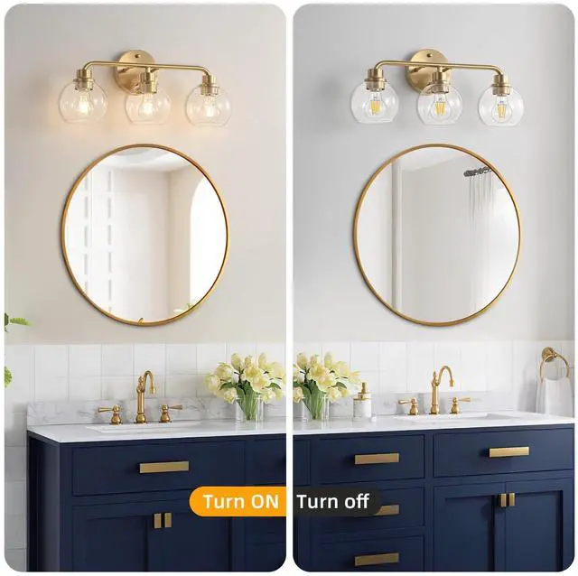 Alt view image 3 of 7 - Bathroom Light Fixtures Gold Vanity Light 3 Light Brushed Brass | Wall Sconces Lighting with Clear Globe Glass Shades Bath Wall Lamp for Mirror Kitchen Living Room Bedroom Hallway