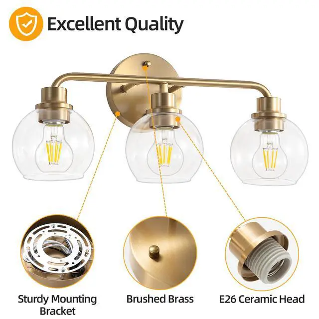 Alt view image 4 of 7 - Bathroom Light Fixtures Gold Vanity Light 3 Light Brushed Brass | Wall Sconces Lighting with Clear Globe Glass Shades Bath Wall Lamp for Mirror Kitchen Living Room Bedroom Hallway
