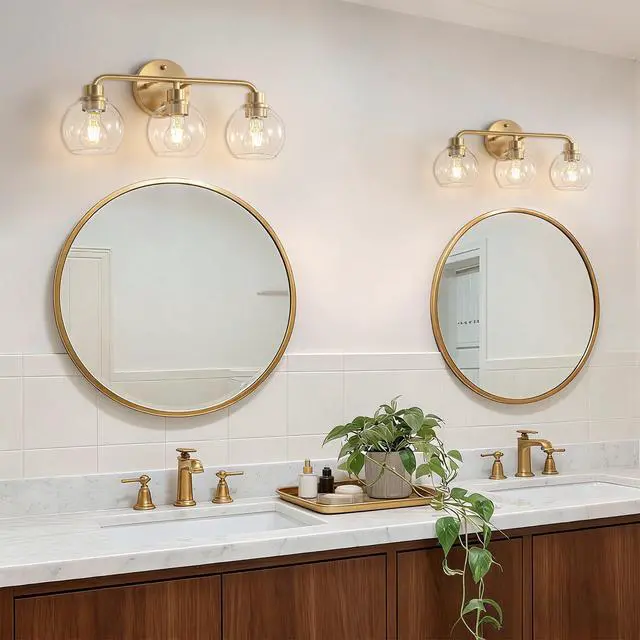 Alt view image 5 of 7 - Bathroom Light Fixtures Gold Vanity Light 3 Light Brushed Brass | Wall Sconces Lighting with Clear Globe Glass Shades Bath Wall Lamp for Mirror Kitchen Living Room Bedroom Hallway